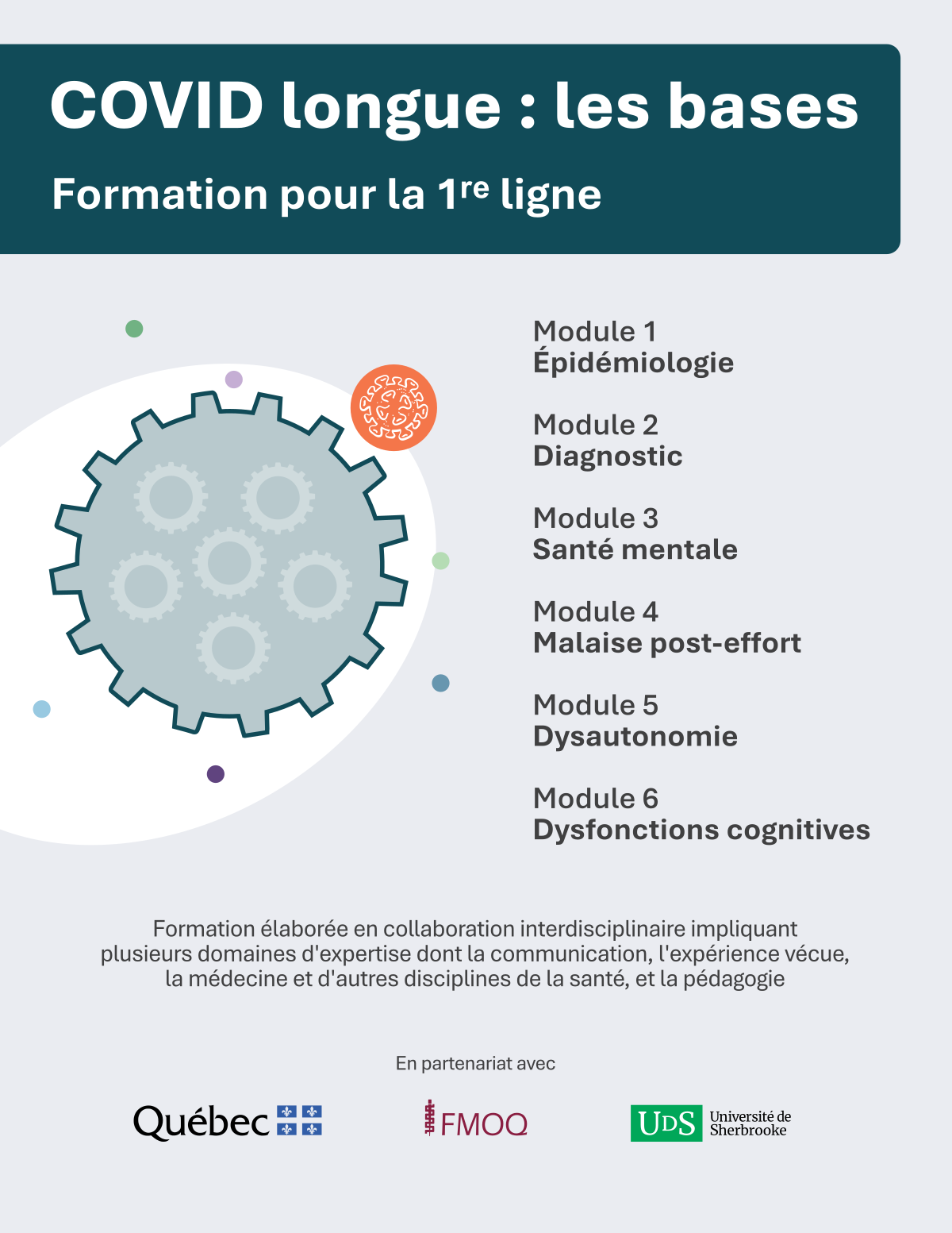 Couverture du document intégral de la formation « COVID longue : les bases » avec des engrenages, les noms des modules et les partenaires.